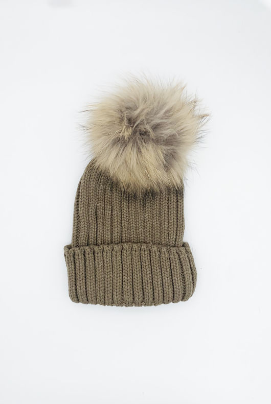 Taupe Knitted Natural Fur Bobble Hat