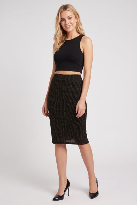 Lurex Grid Print Midi Skirt In Khaki