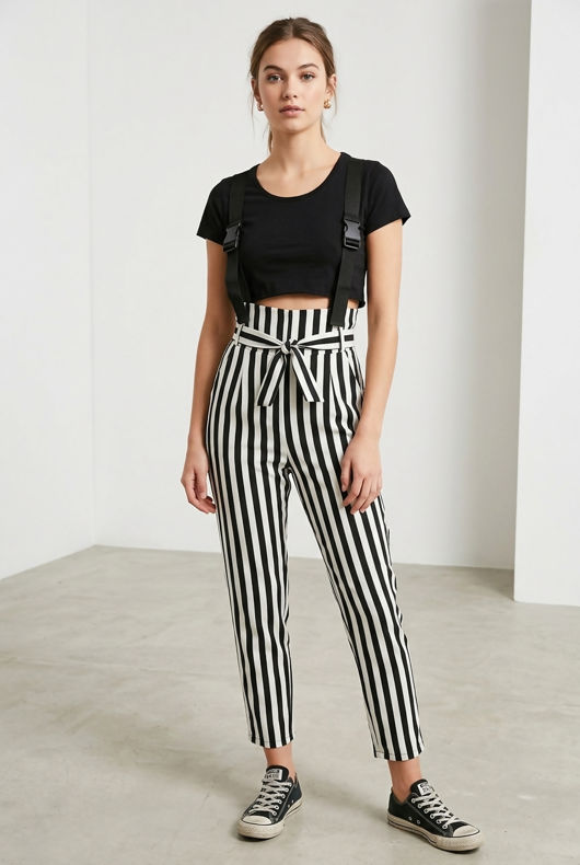 Monochrome Striped Jumpsuit With Webbing Detail