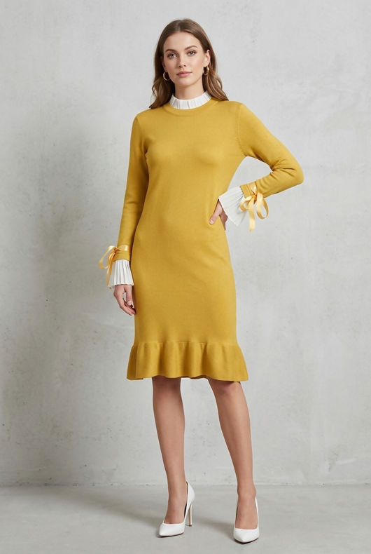 Mustard Ribbed Ruffle Hem Midi Dress