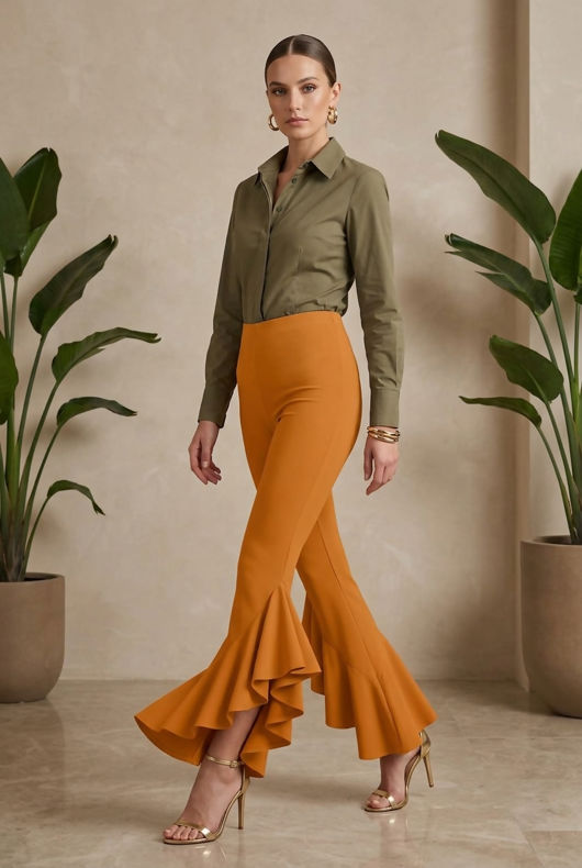 Fitted Crepe Draped Frill Hem Trouser In Mustard