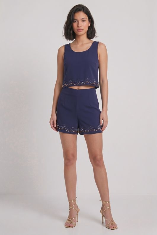 Navy Embellished Crop Top & Shorts Set