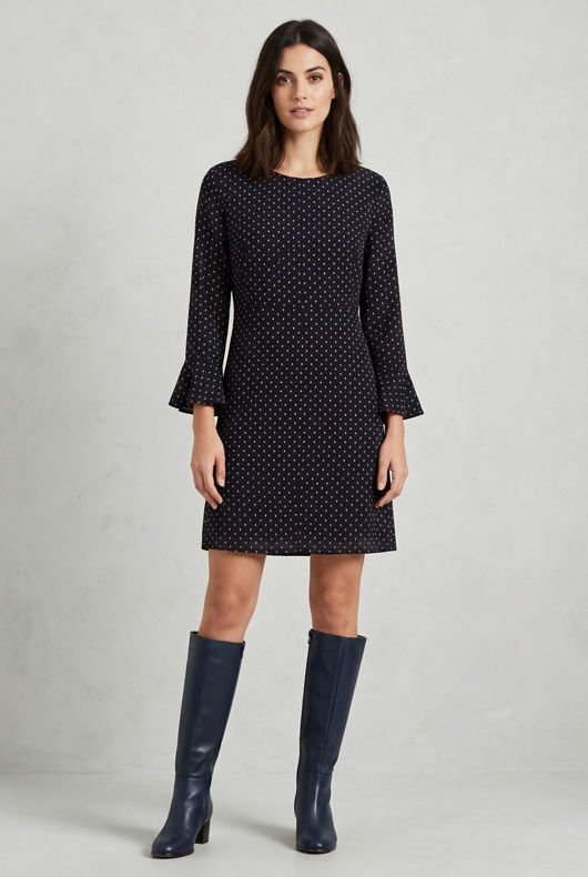 Navy Contrast Polka Dot Bell Sleeve Shift Dress