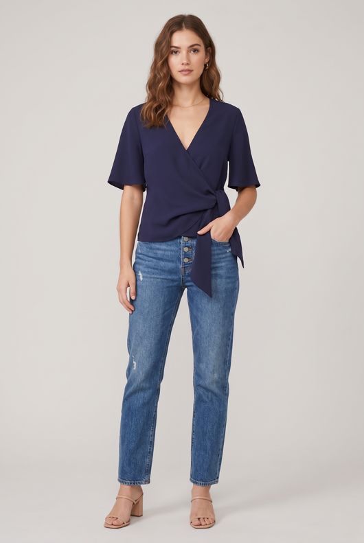 Navy Wrap Over Side Tie Blouse