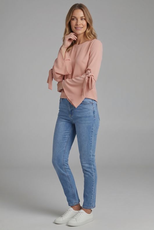 Nude Knotted Sleeve Back Button Up Tops