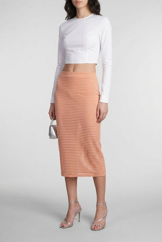 Peach Horizontal Stripe Print Back Slit Pencil Skirts