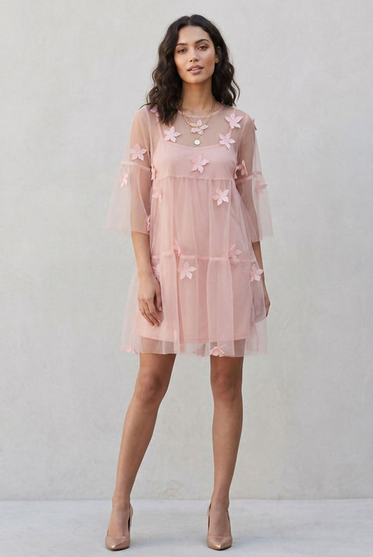 Pink Flower Crochet Netted Shift Dress
