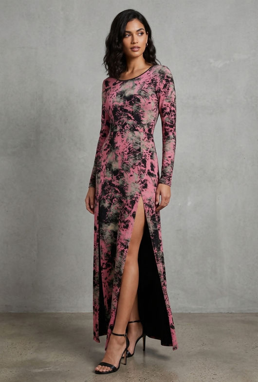 Coral Laser Print Long Sleeved Front Slits Maxi Dress