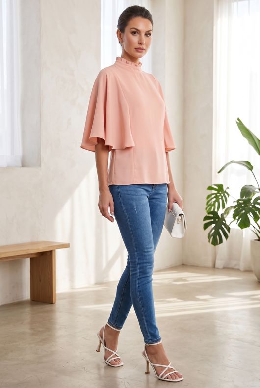 Rose High Neck Blouse With floaty Sleeve