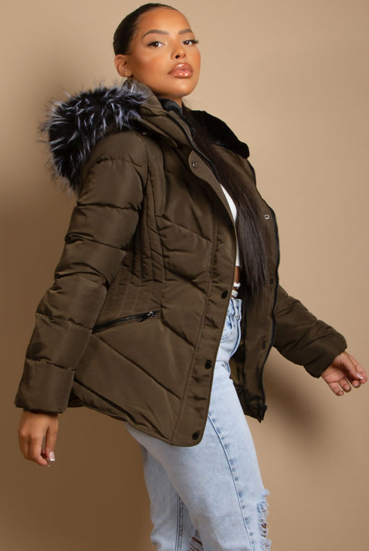 Faux Fur Hood Khaki Puffer Jackets