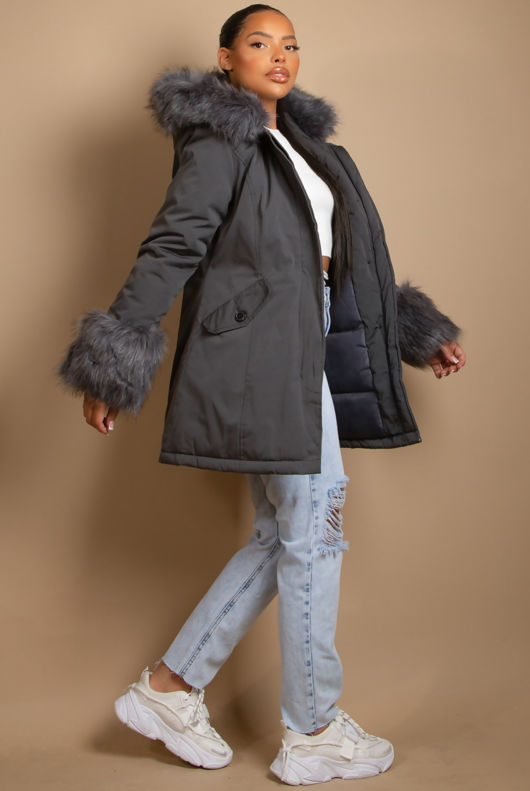 Grey Canvas Parka with Fur Hood & Cuff