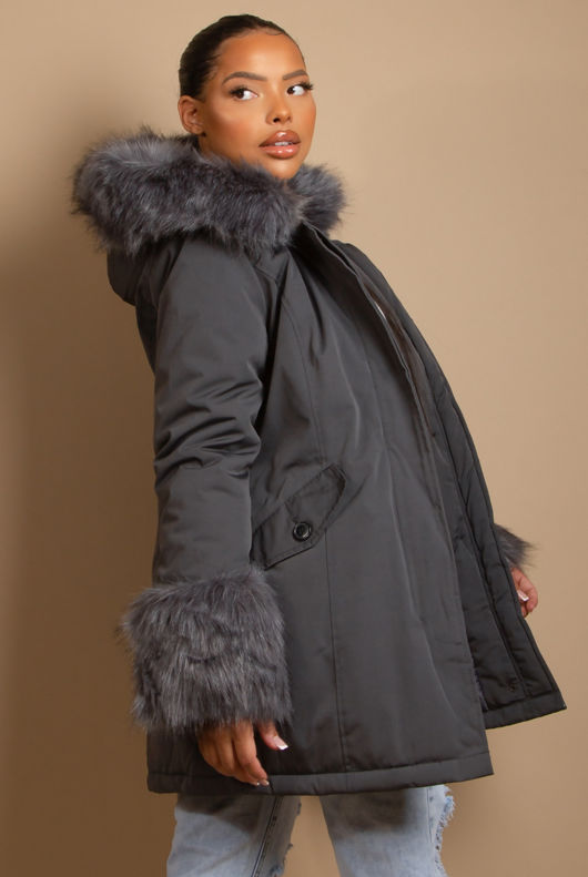 Dark Grey Canvas Parka with Fur Hood & Cuff