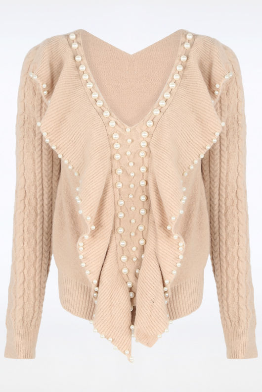 Beige Pearl Embellished V-Neck Jumper