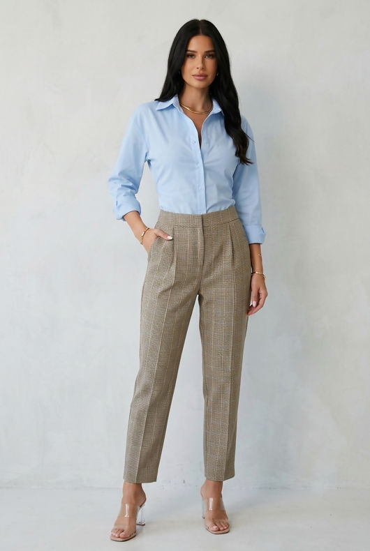 Beige Glen Plaid Pleated Tapered Trousers