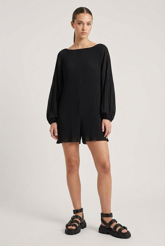 Black Pleated Back Button Up Playsuit 
