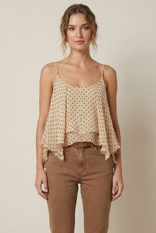 Beige Polka Dot Chiffon Layered Swing Cami