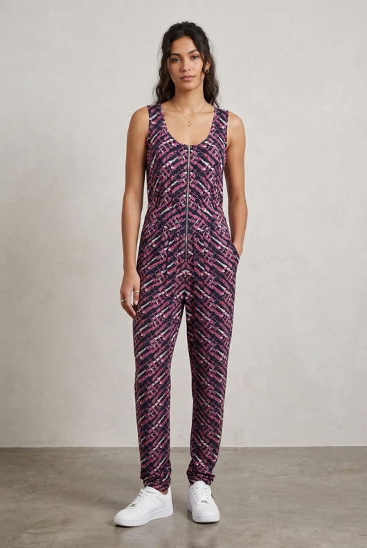 Purple Strip Patterned Front Zip Up Jumpsuit