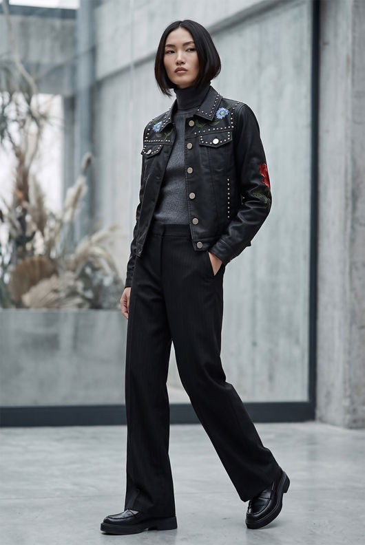 Black PU Embroidered Biker Jacket 