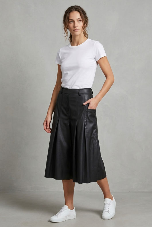 PVC Pleated Long Shorts in Black