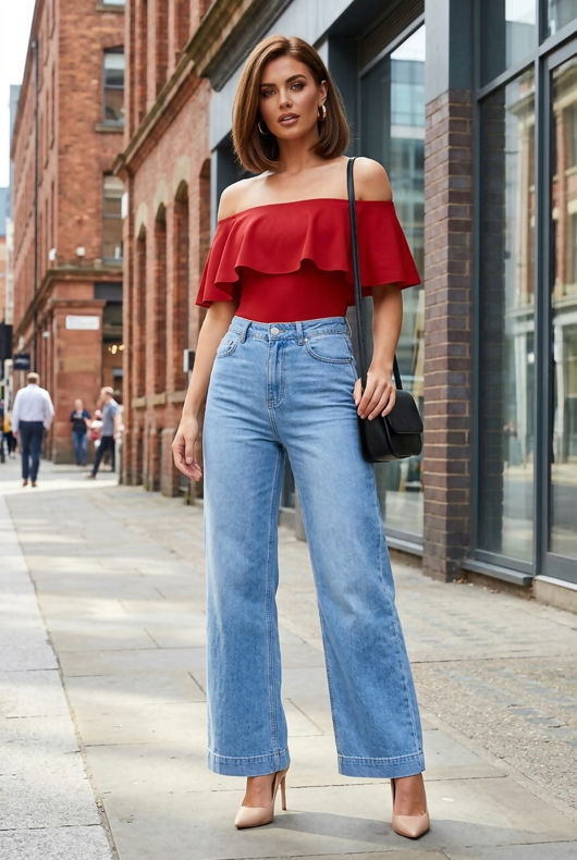 Red Bardot Frill Bodysuit