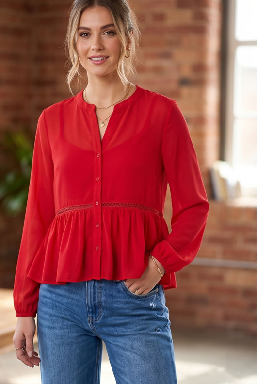 Red Button Up Smock Blouse