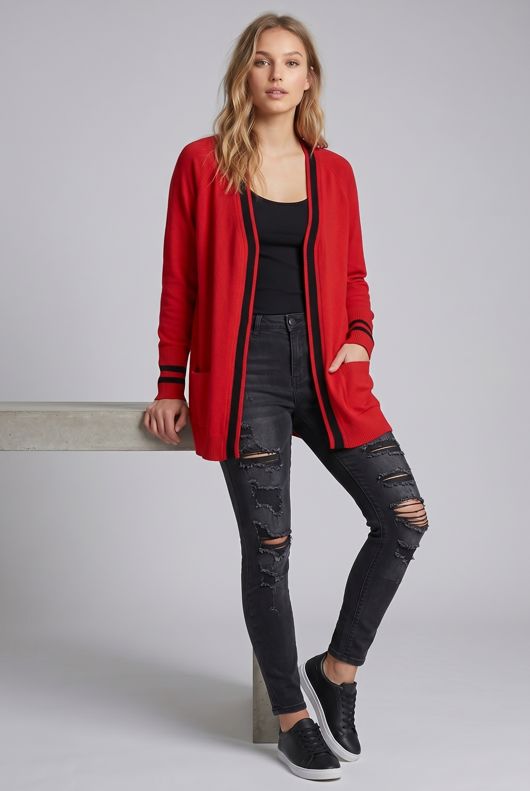 Red Knitted Contrast Oversize Cardigans