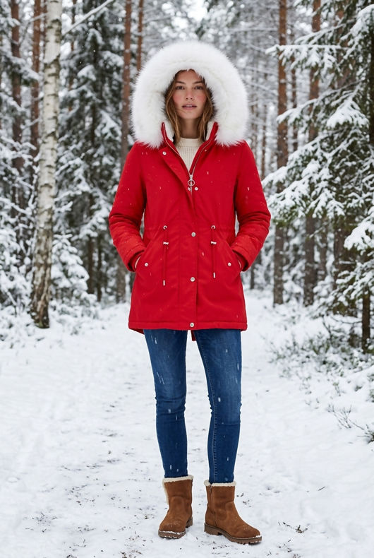 Red Parka Coat with White Fur Lining