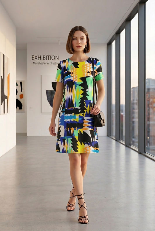 Multicolour Zigzag Print Back Zip Up Shift Dress