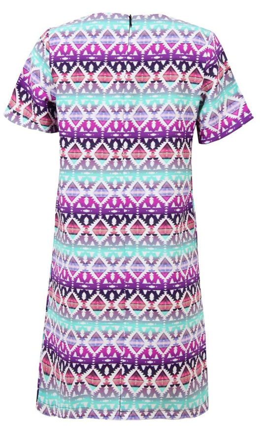 Turquoise Purple White Diamond Print Back Zip Up Shift Dress