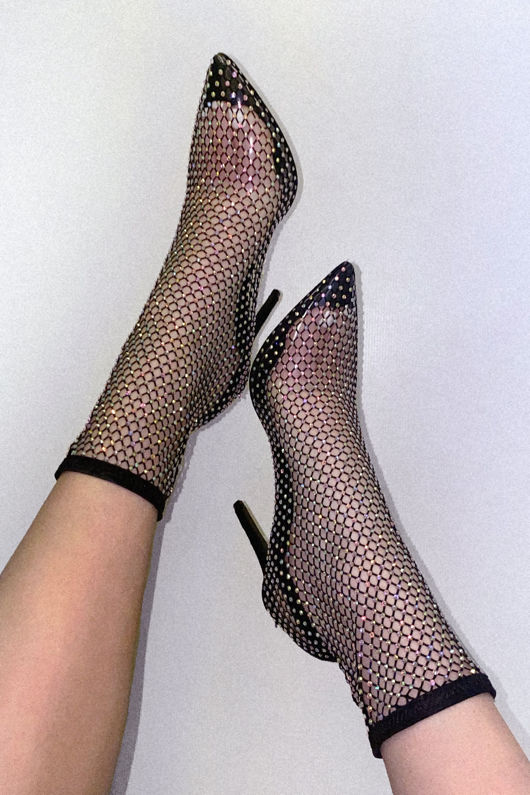 Black Diamante Fishnet Pointed Toe Sock Boots