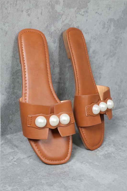 Tan Pearl Detail Flat Sandal