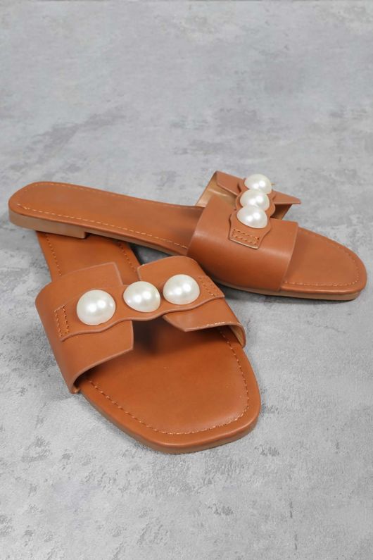 Tan Pearl Detail Flat Sandal