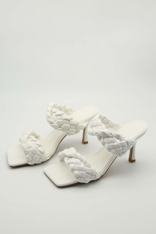 White Braided Twin Strap Mule Heels