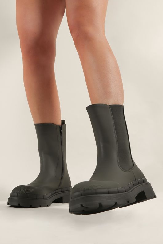 Khaki Chunky Side Zip Ankle Boots