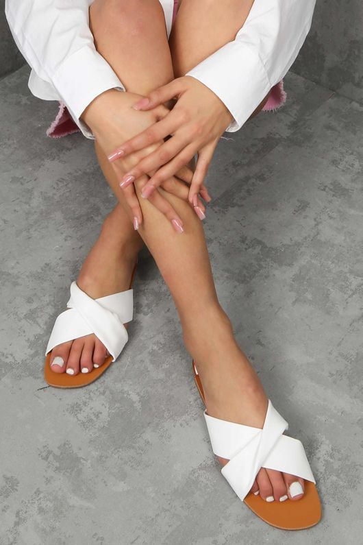 White PU Double Strap Mule Flat Sandal