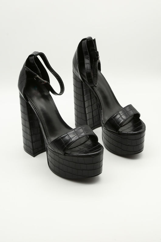 Black Croc Embossed Platform Heel Sandals