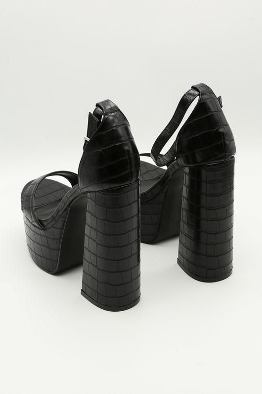 Black Croc Embossed Platform Heel Sandals