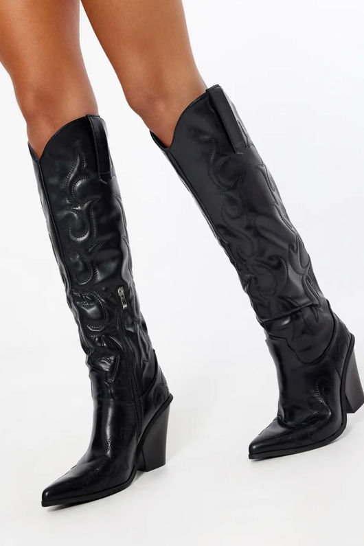 Womens Stitched Detail Heeled Knee-High Cowboy Boots