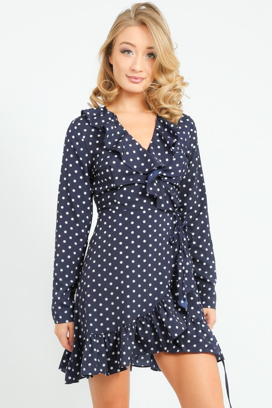 Wrap Over Long Sleeve Polka Dot Dress In Navy