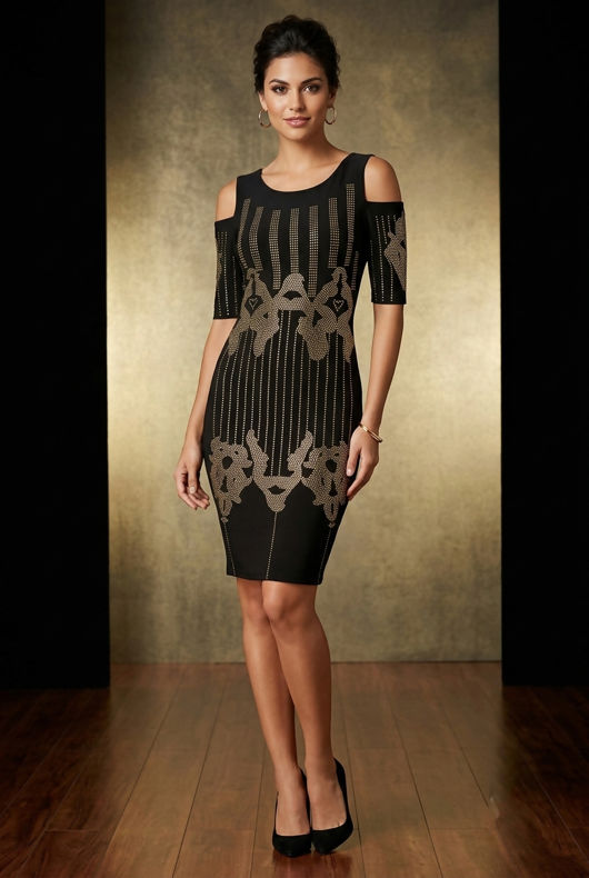 Black Studded Cold Shoulder Bodycon Dress
