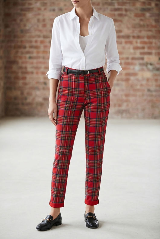 Red Check Belted Trousers