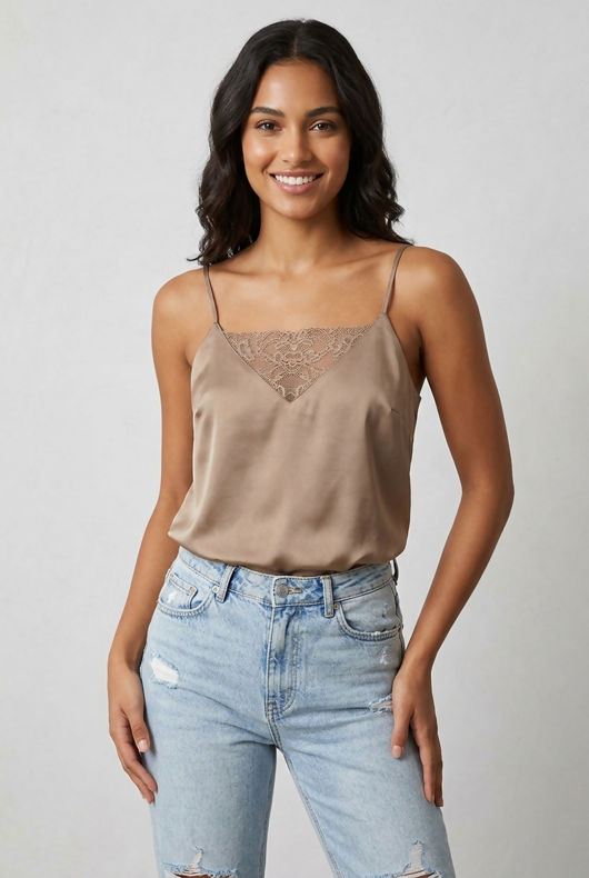 Taupe Floral Lace Textured Satin Cami