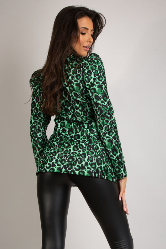 Green Leopard Print Blazer With Exaggerated Shoulder