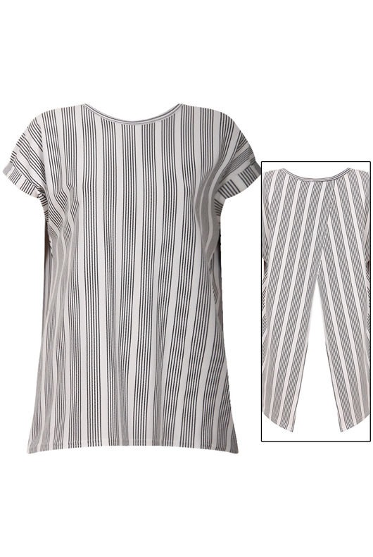 Black and White Straped Split Back Short Sleeves Top 