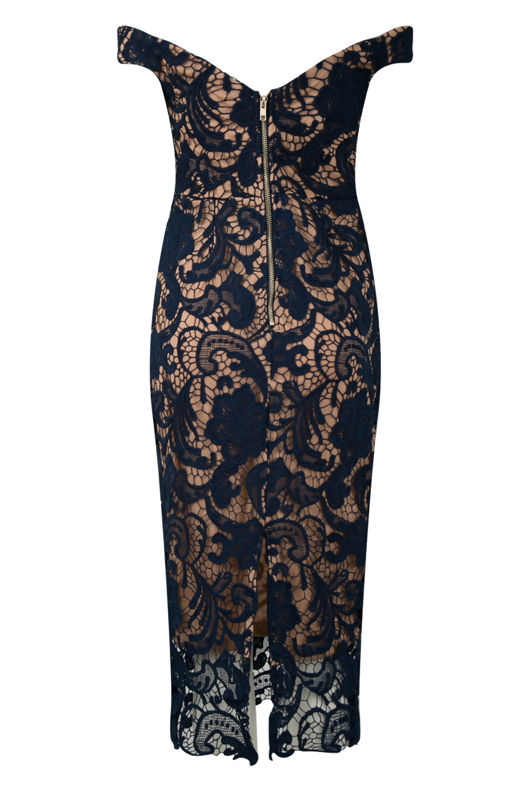 Navy Crochet Sweetheart Neckline Midi Dress