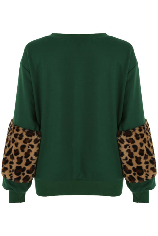 Green Leopard Fur Patched Sleeves Sweatshirt