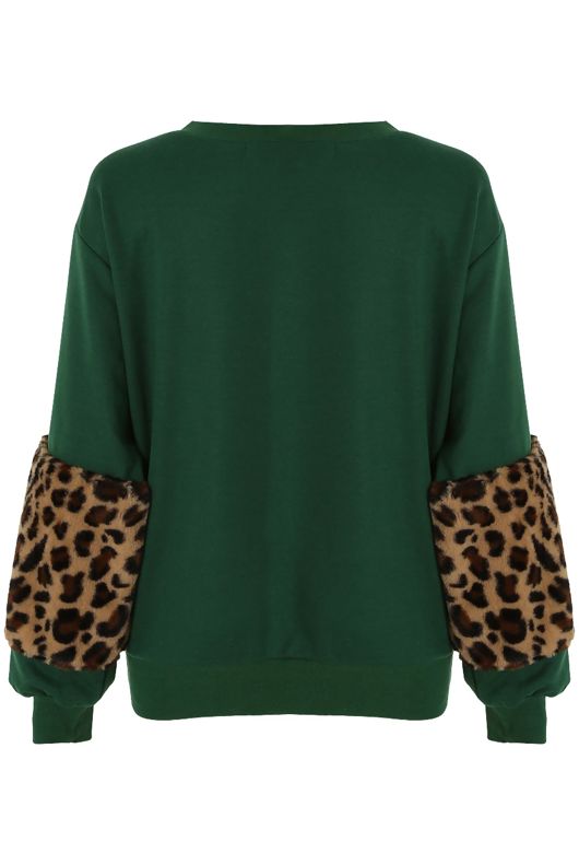 Green Leopard Fur Patched Sleeve Sweatshirt 