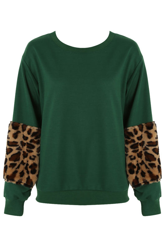 Green Leopard Fur Patched Sleeves Sweatshirt