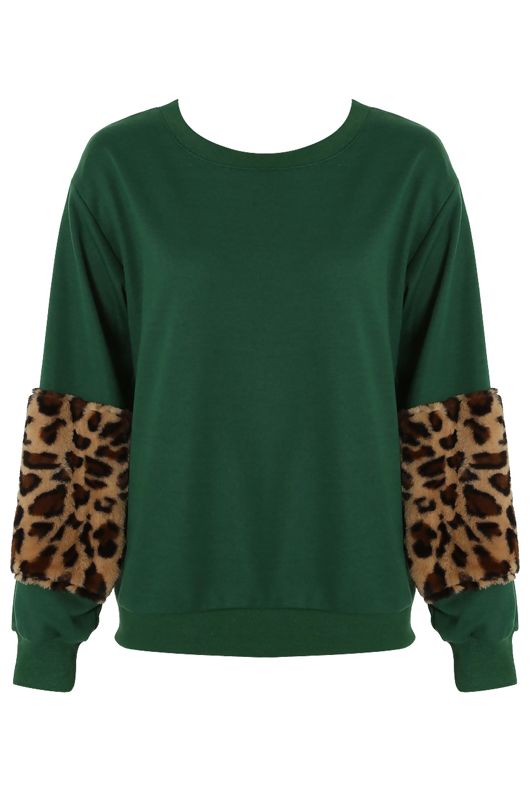 Green Leopard Fur Patched Sleeve Sweatshirt 