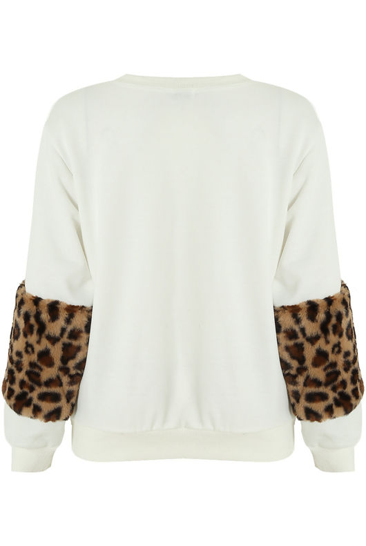 white Leopard Fur Patched Sleeves Sweatshirt